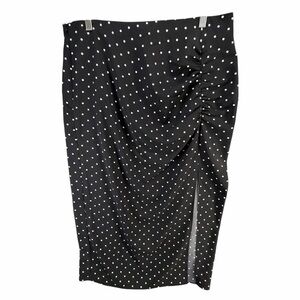 Something Navy‎ Midi Pencil Skirt Womens L Black Polka Dot Ruched Slit Office